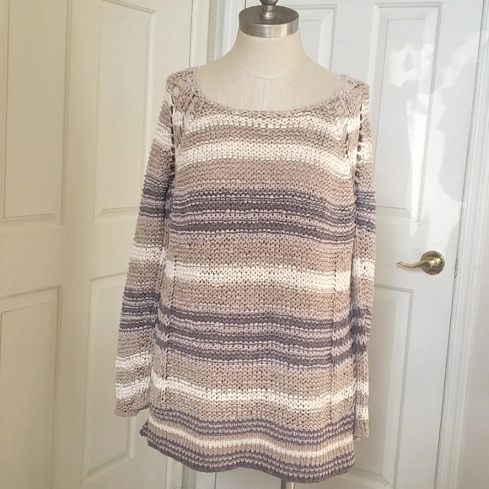 Free People Desert Moon Sweater Sand Striped Open Knit Pullover Wide Neck MEDIUM